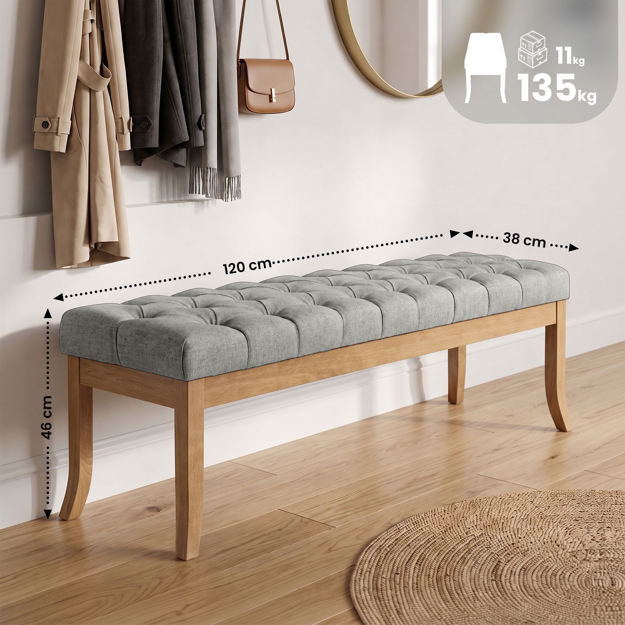 Banco Ramses tapizado en tela con estructura de madera clara
