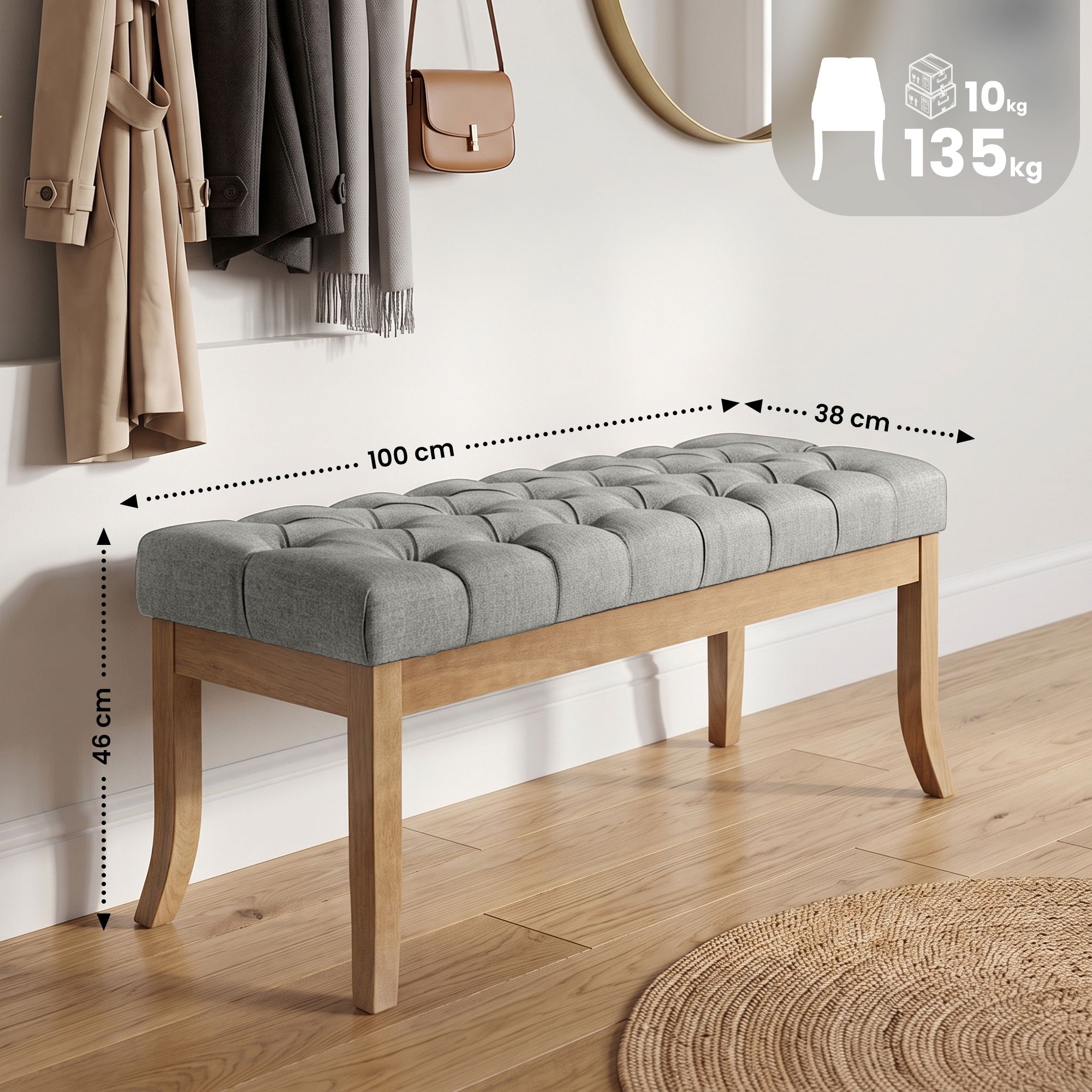 Banco Ramses tapizado en tela con estructura de madera clara