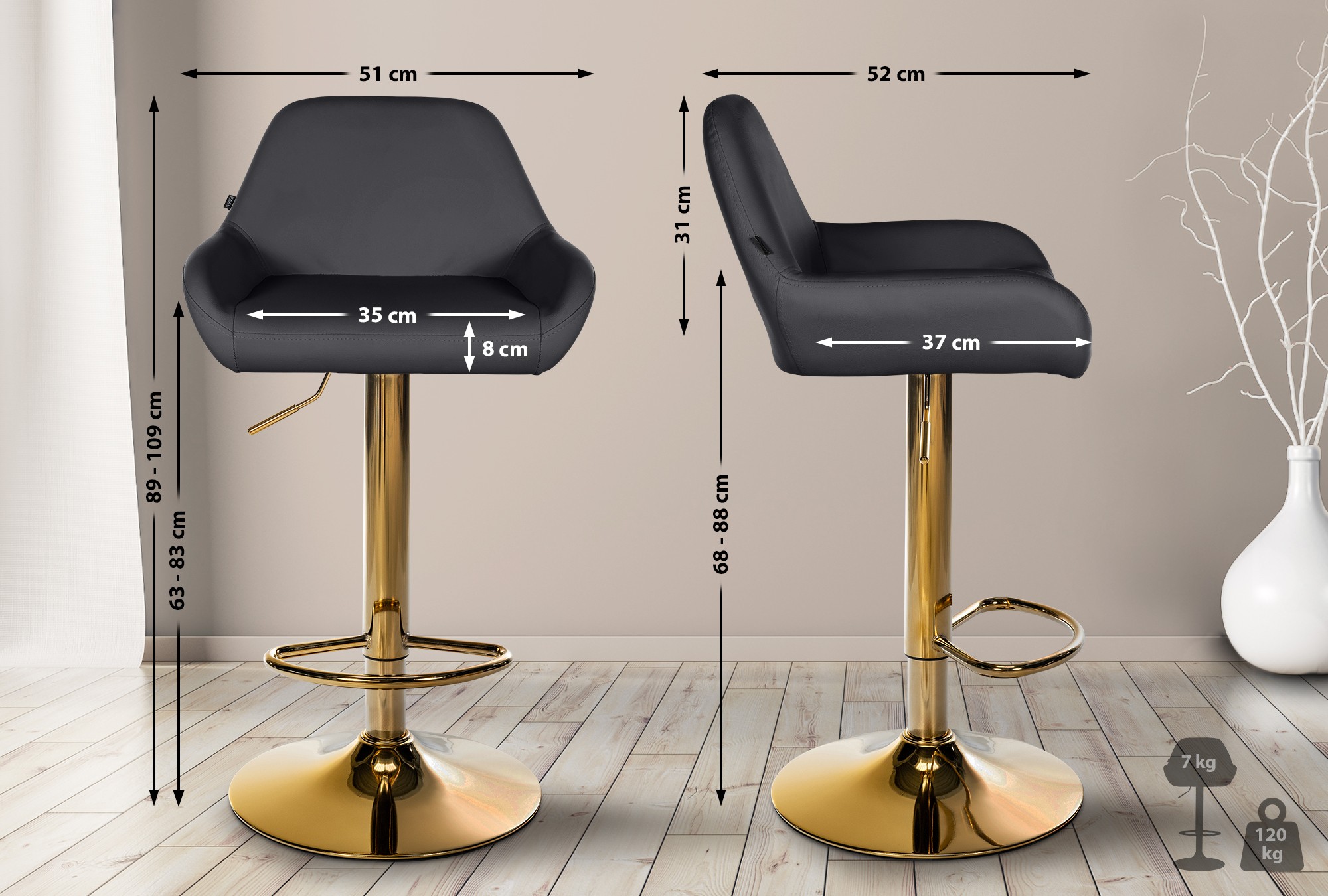 Set de 2 taburetes de bar Braga en polipiel con base dorada