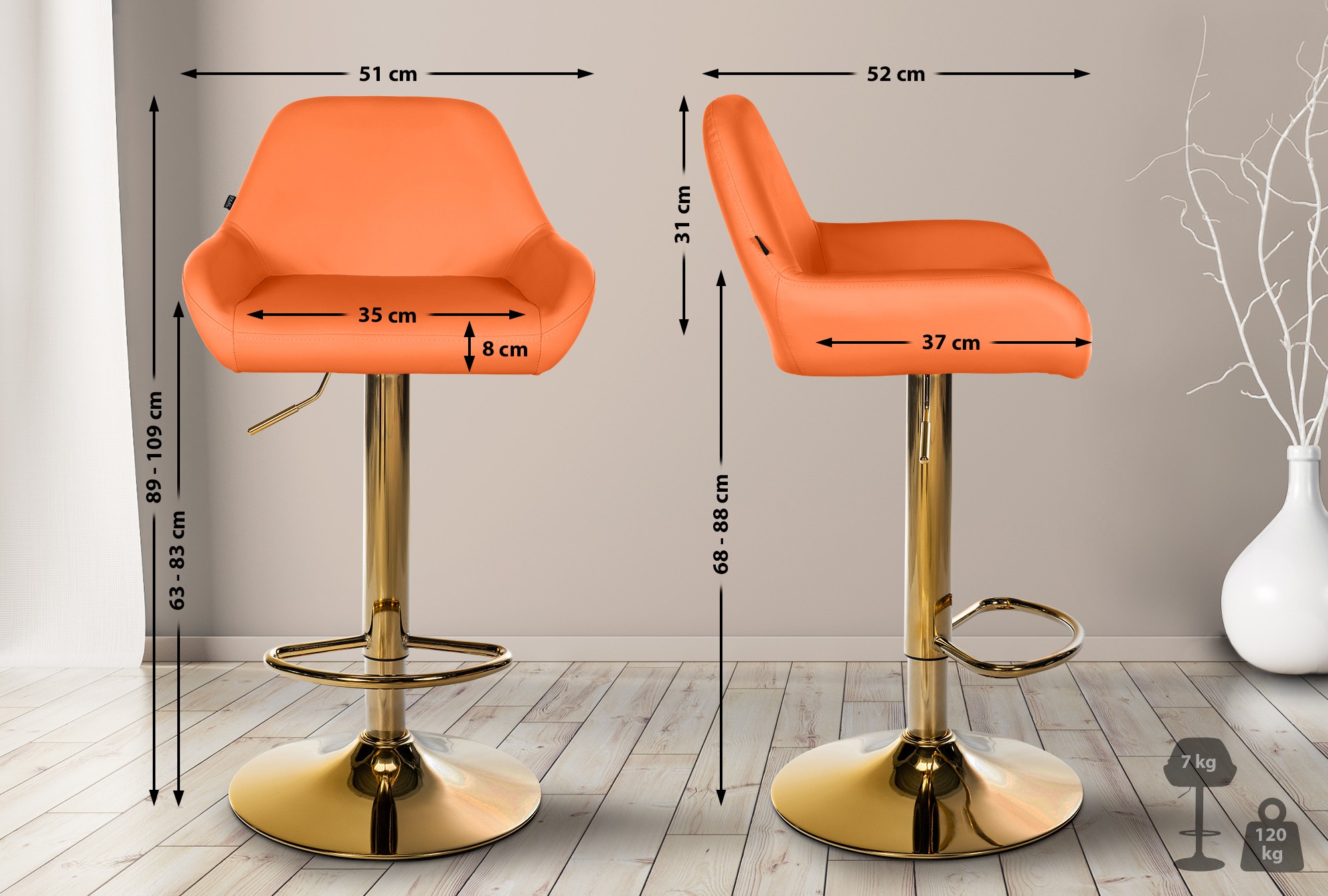 Set de 2 taburetes de bar Braga en polipiel con base dorada