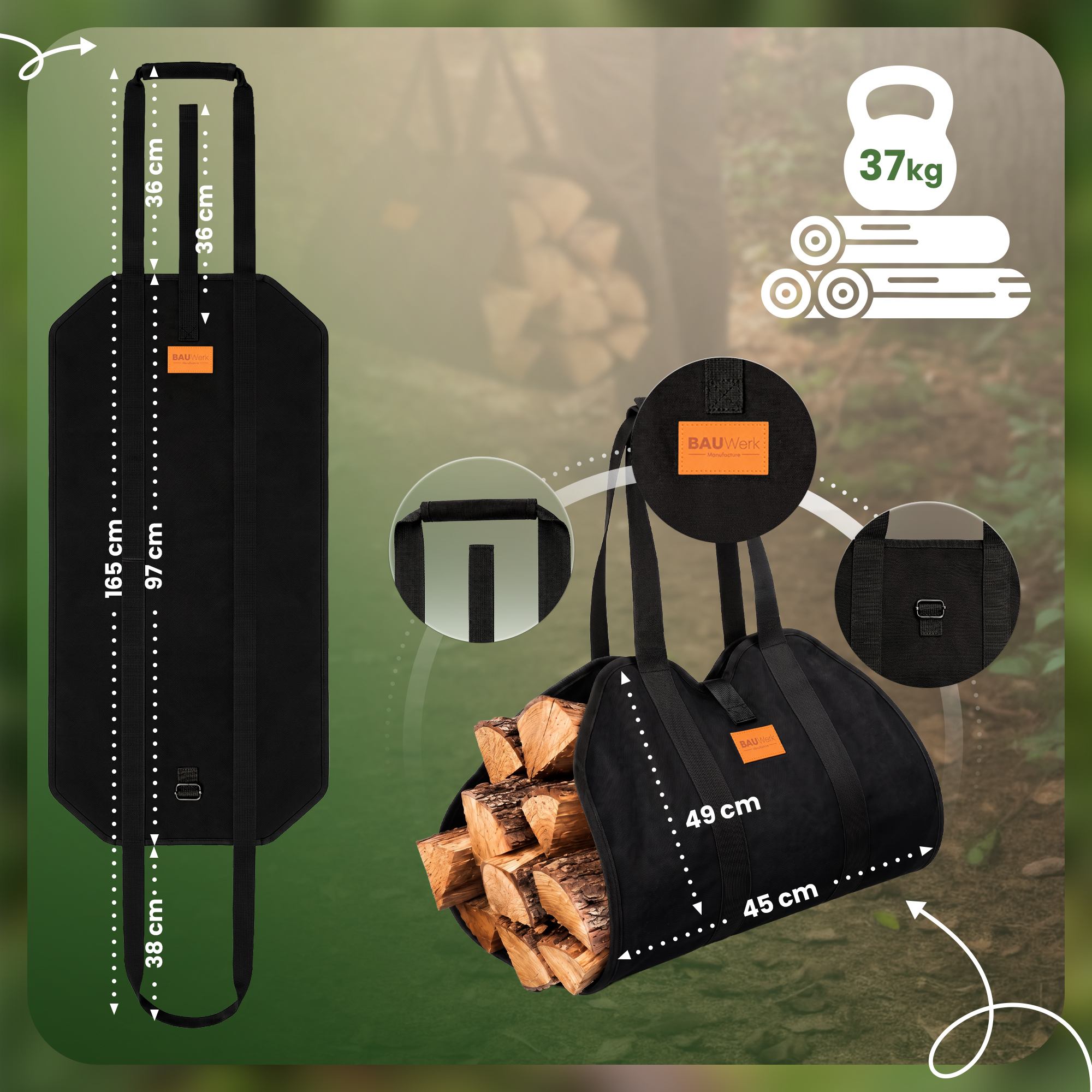 Bolsa para leña Trondheim robusta y práctica para almacenar y transportar troncos fácilmente