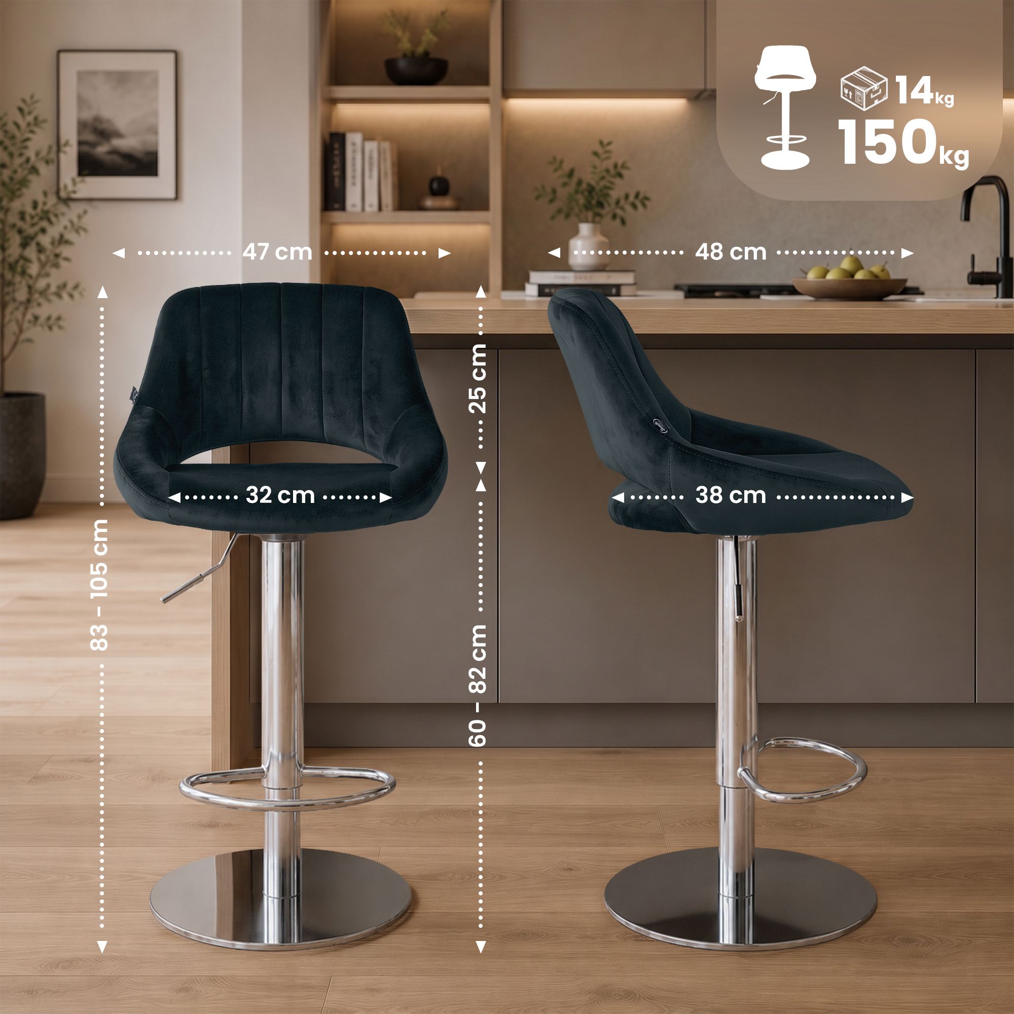 Set de 2 taburetes de bar Milet cromados con base extra pesada