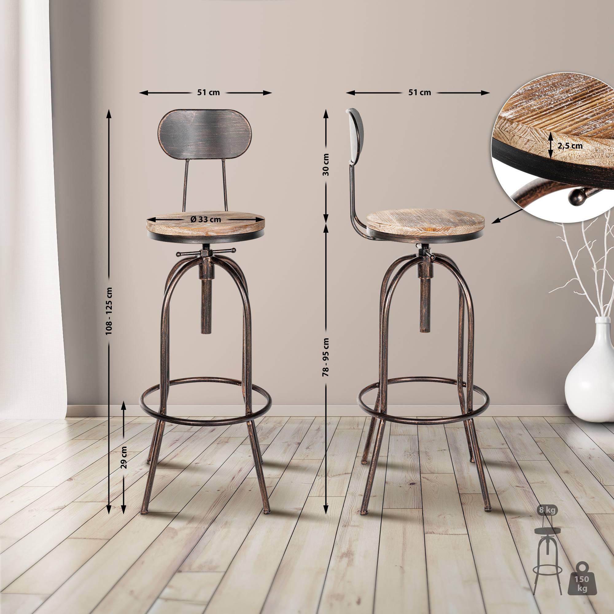 Set de 2 Taburetes de bar Pino en madera & metal