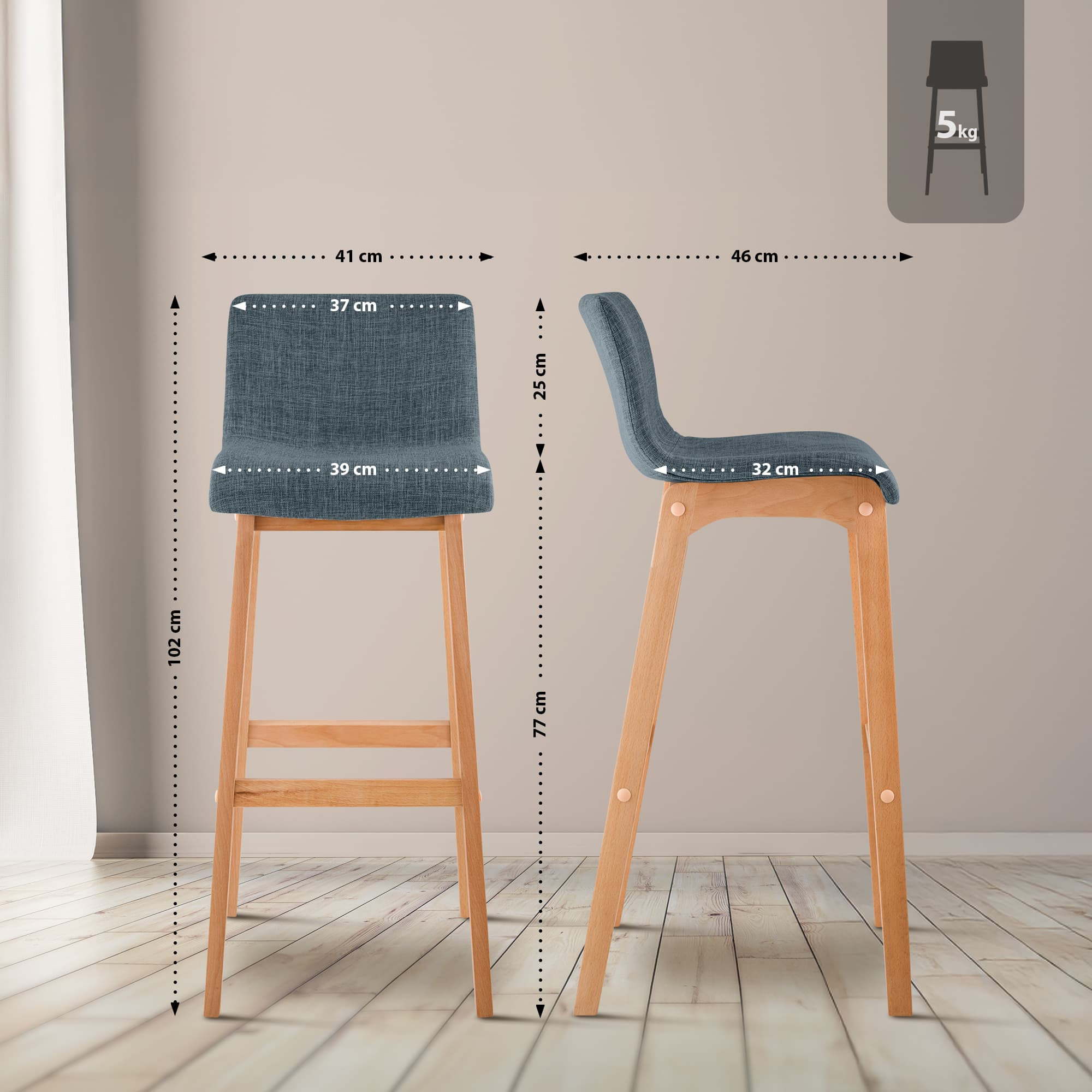 Juego de 2 taburetes de bar Hover, asiento de tela, patas de madera de haya natural