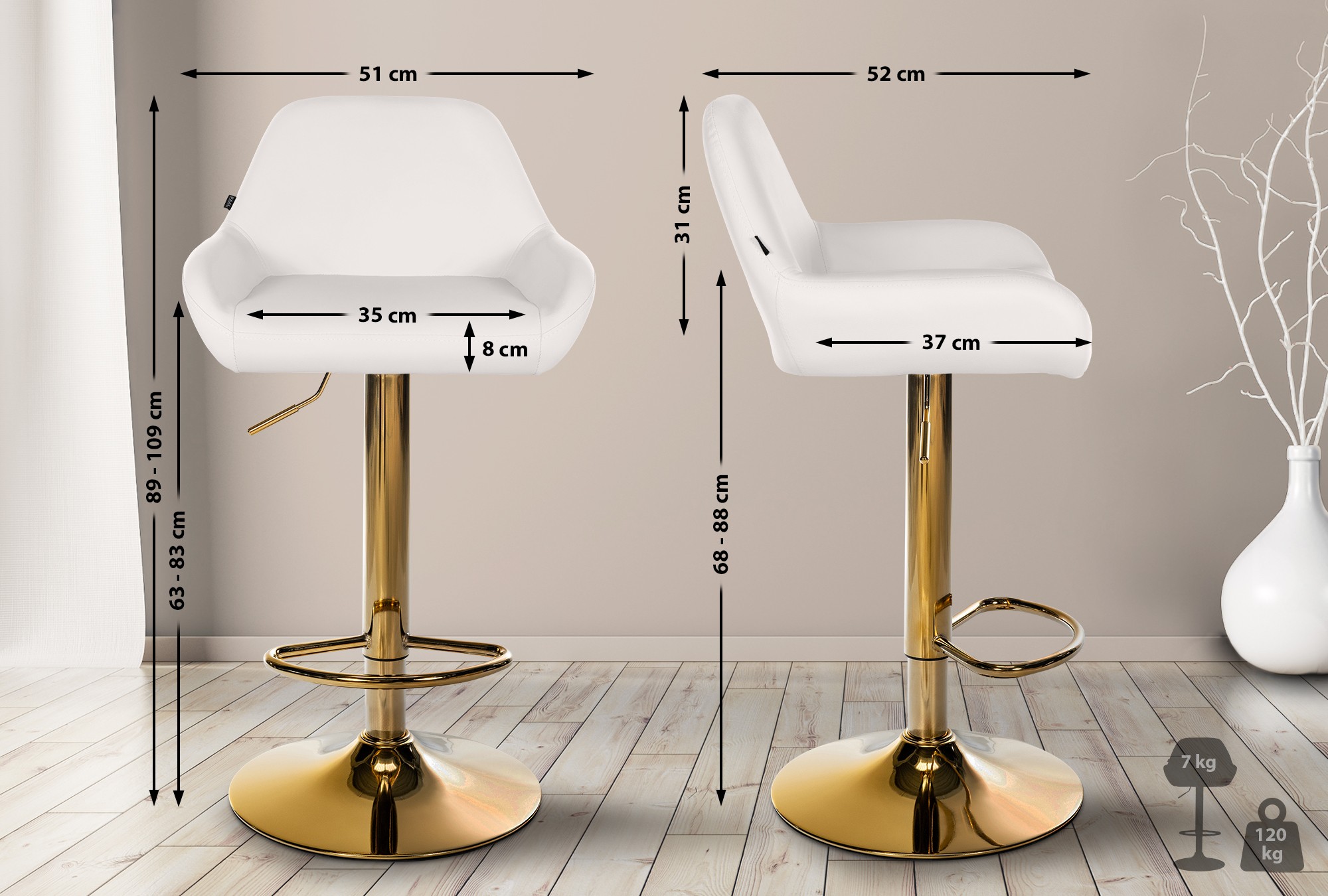 Set de 2 taburetes de bar Braga en polipiel con base dorada