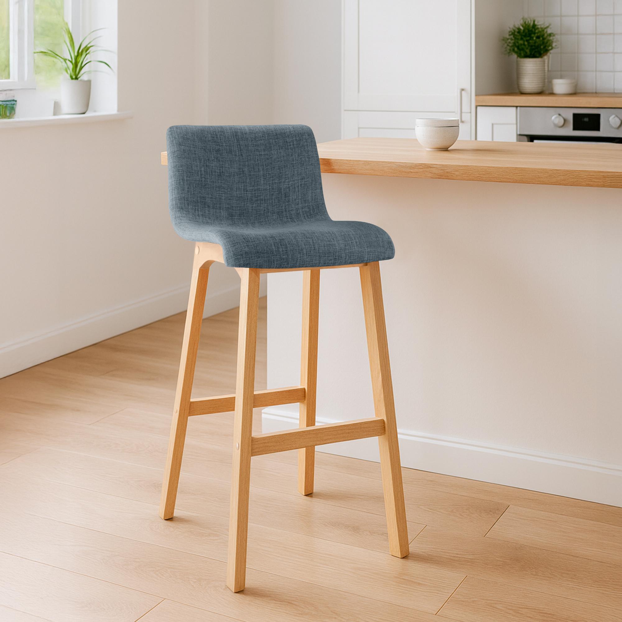 Juego de 2 taburetes de bar Hover, asiento de tela, patas de madera de haya natural