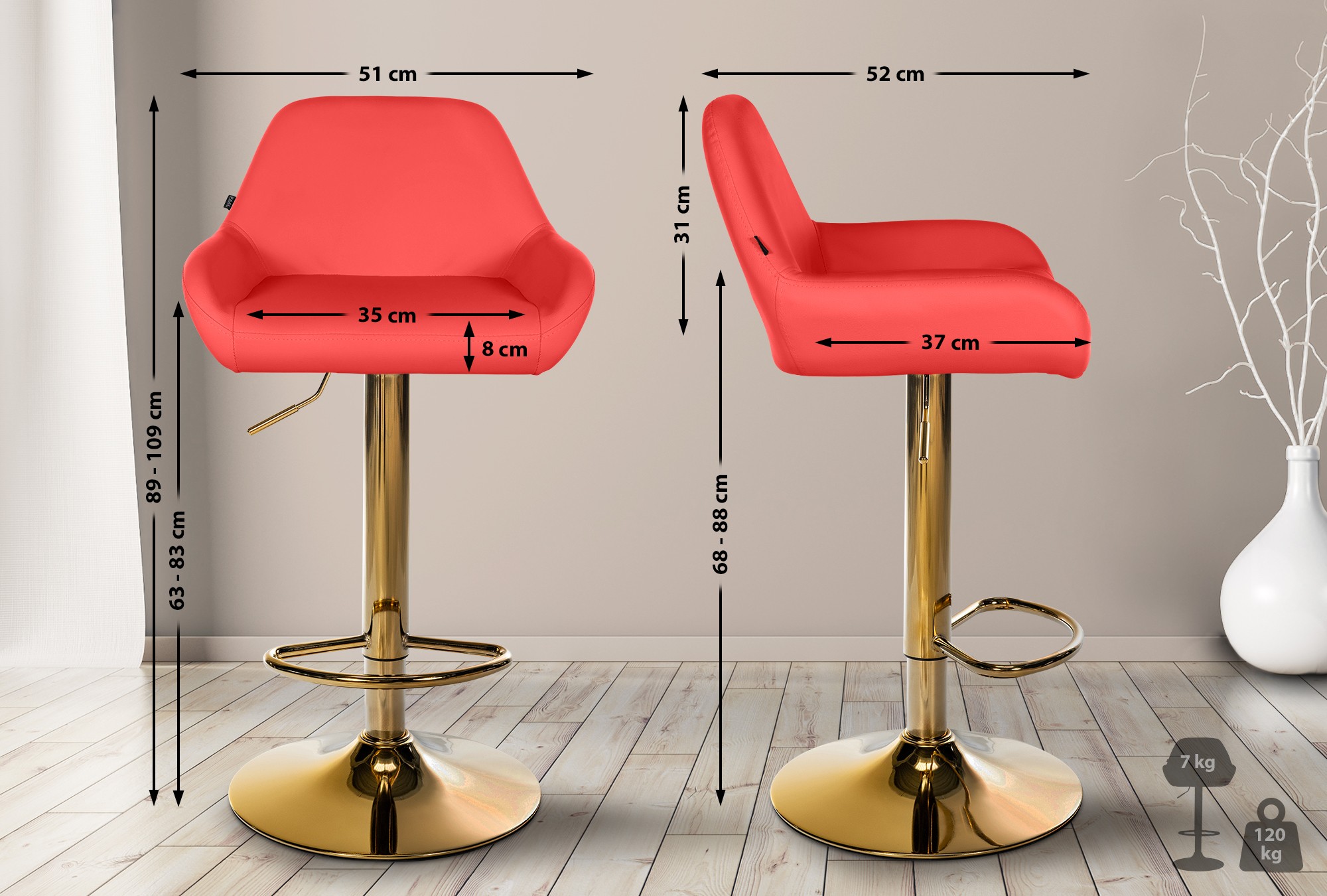 Set de 2 taburetes de bar Braga en polipiel con base dorada