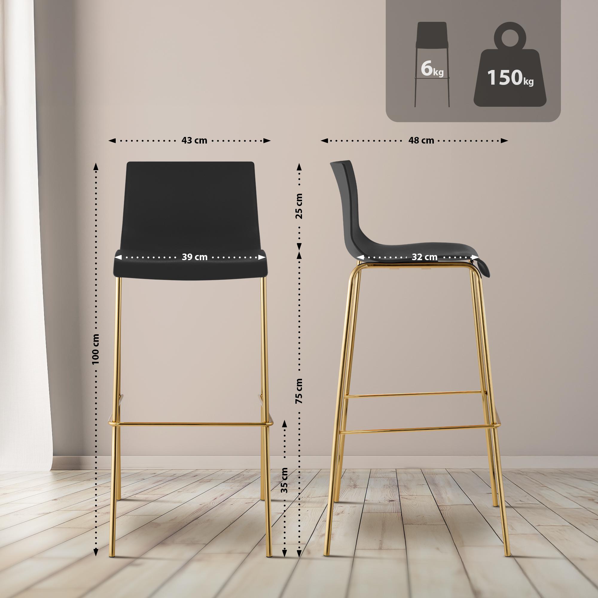 Set de 2 taburetes de bar Hover de plástico, base de 4 patas en color dorado