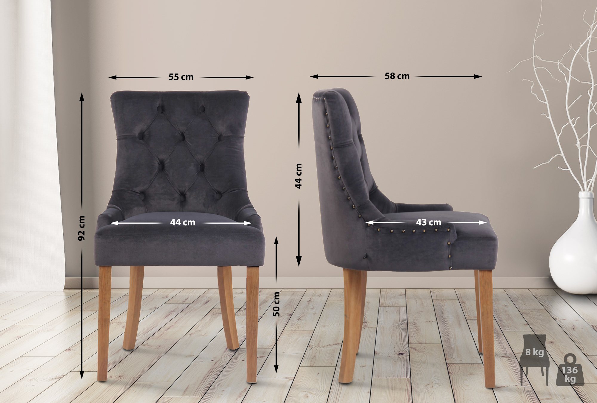 Juego de 4 sillas de comedor Aberdeen en terciopelo