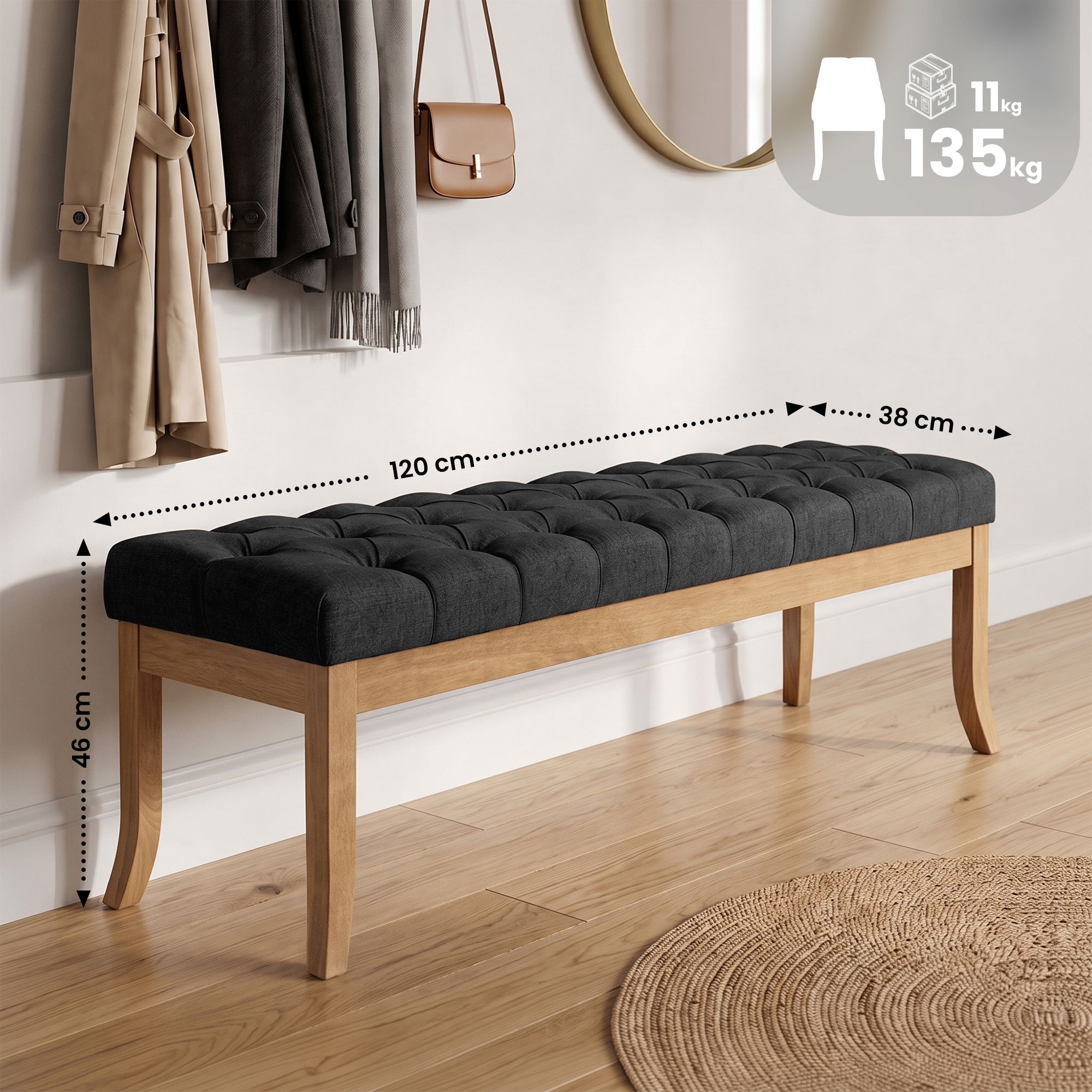 Banco Ramses tapizado en tela con estructura de madera clara