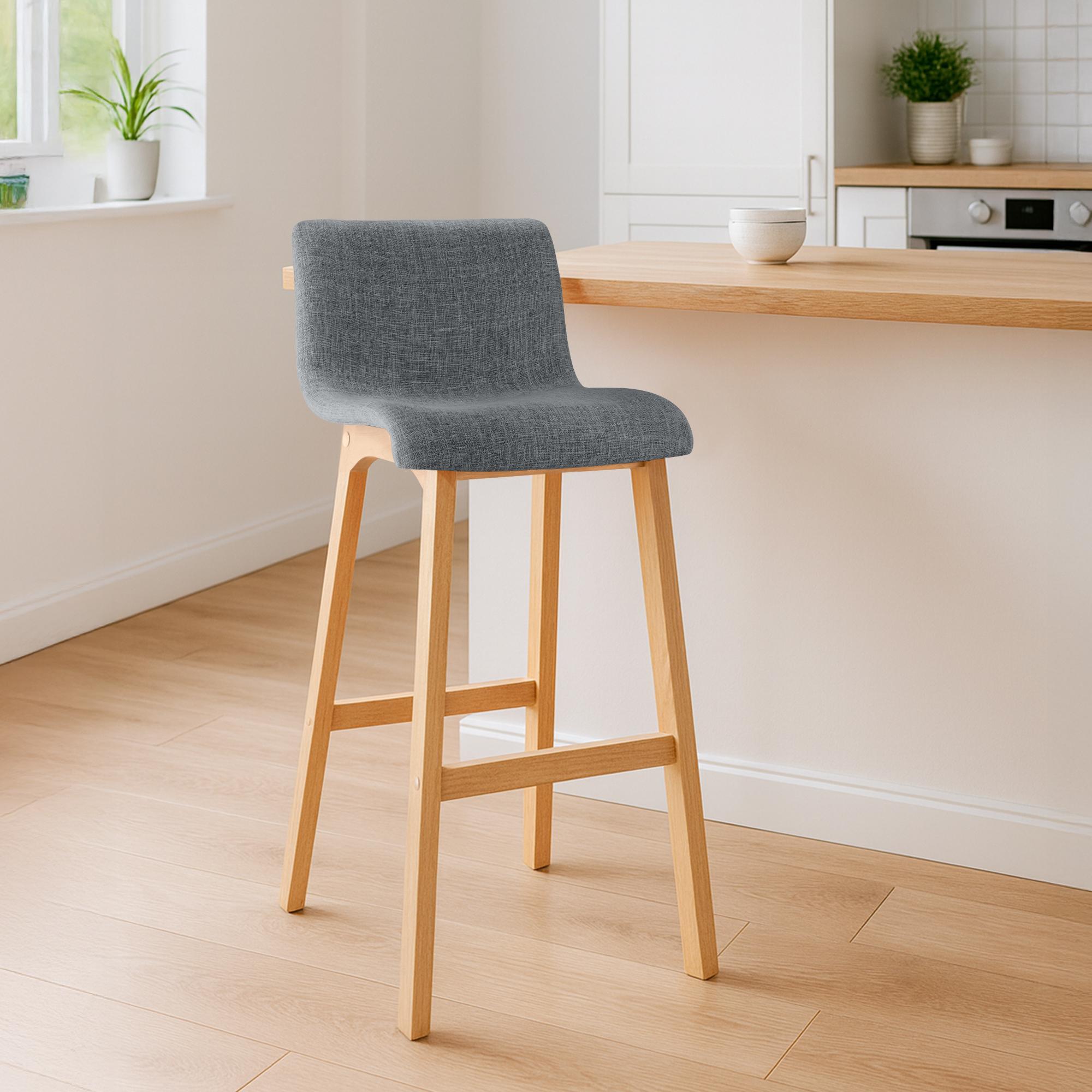 Juego de 2 taburetes de bar Hover, asiento de tela, patas de madera de haya natural