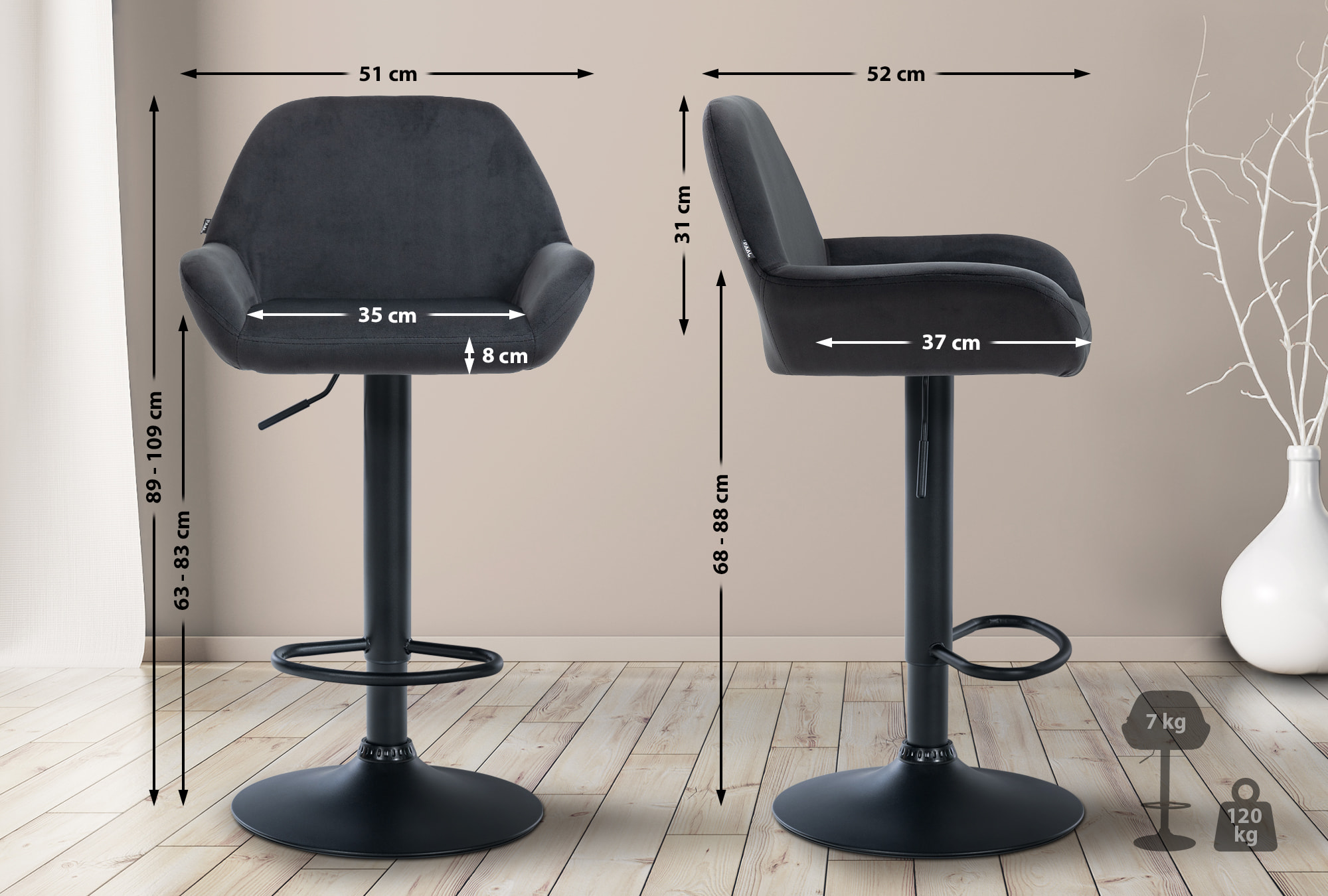 Set de 2 Taburetes de cocina Braga en terciopelo