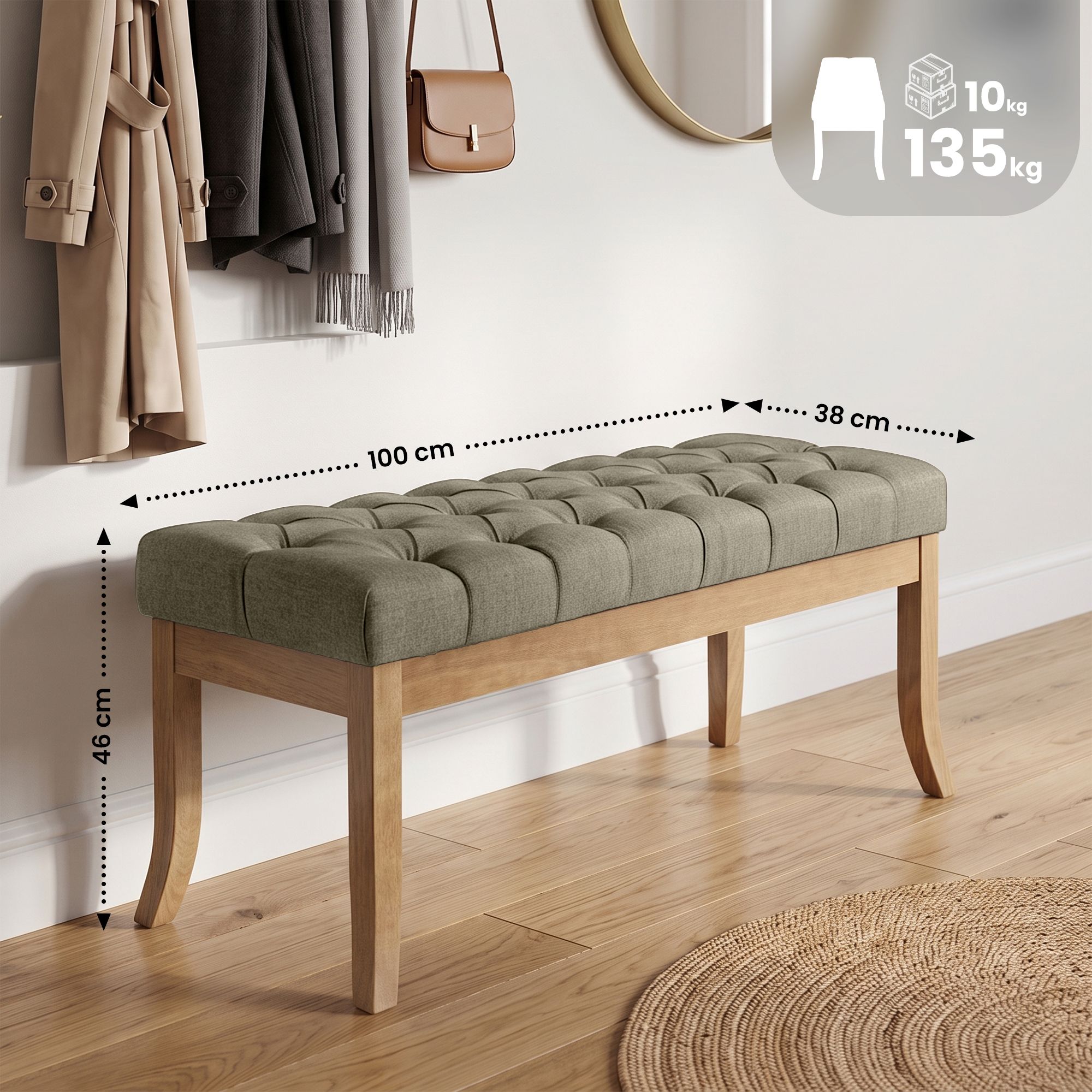 Banco Ramses tapizado en tela con estructura de madera clara