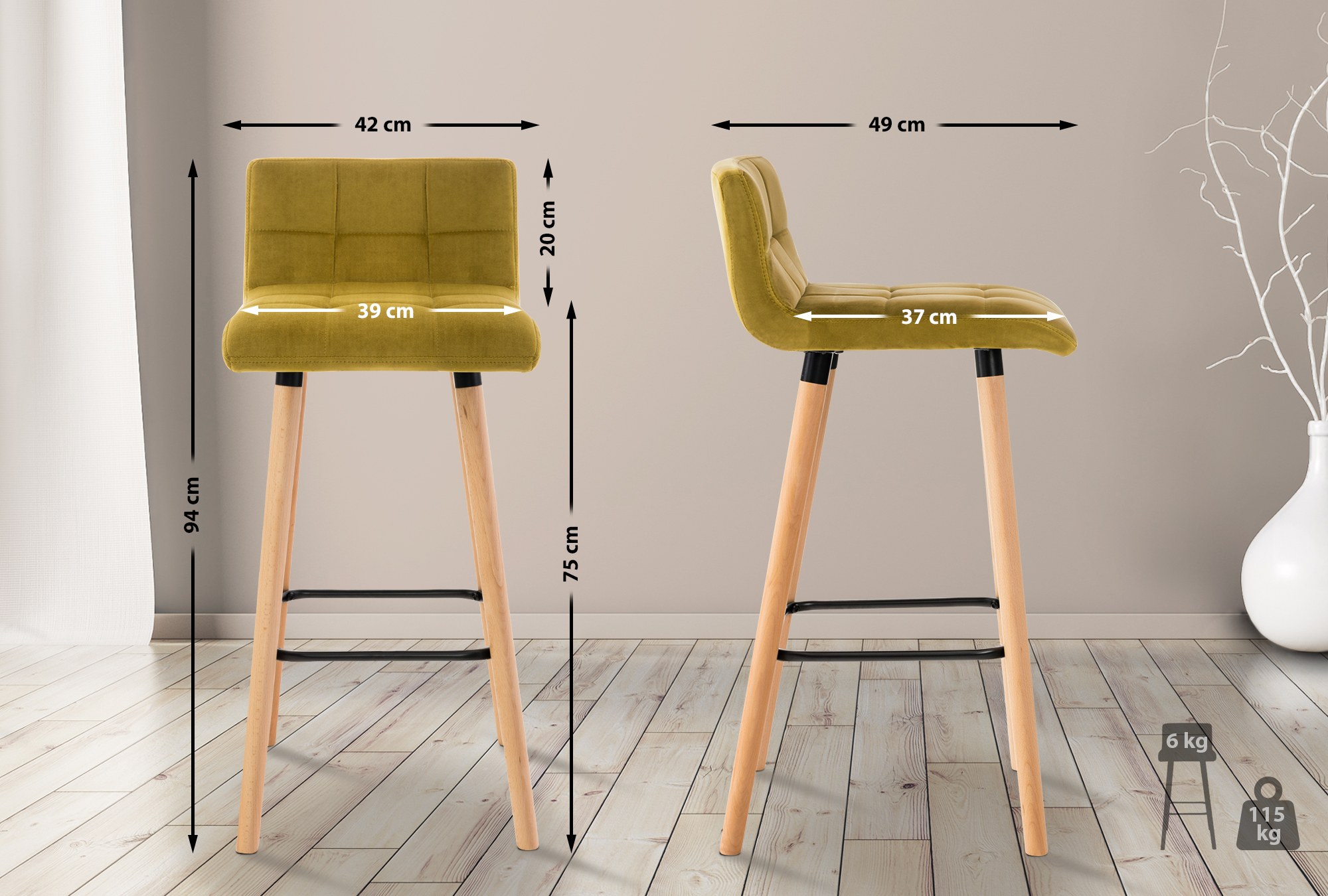 Lote de 2 taburetes de bar de terciopelo Lincoln